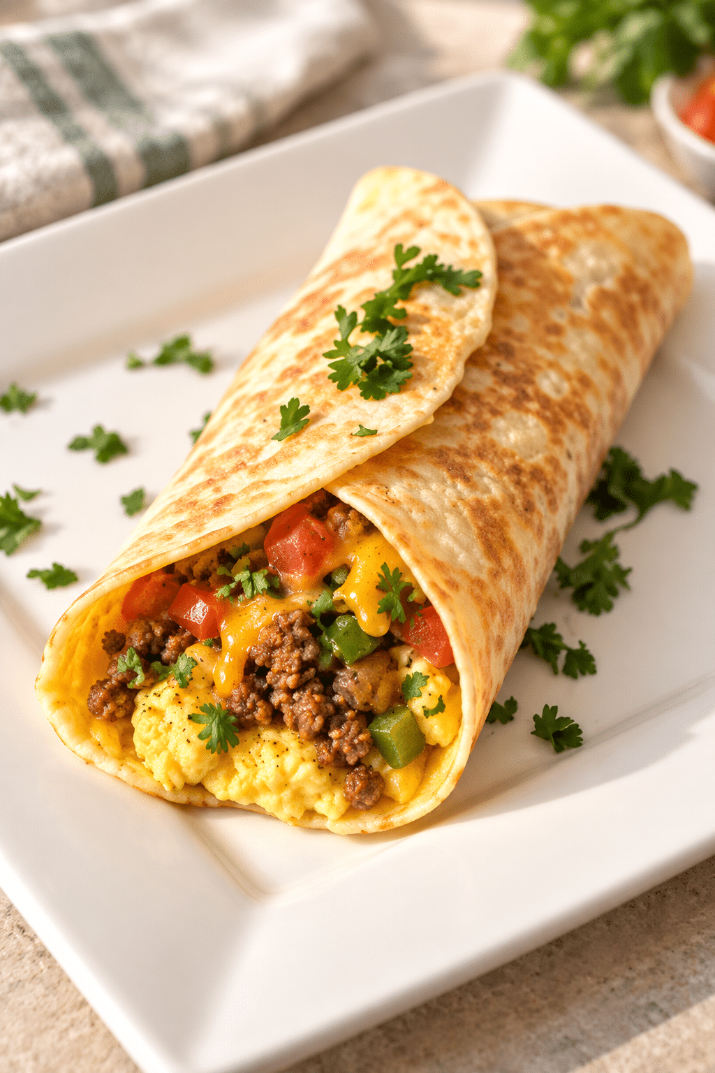 Breakfast burrito with eggs, taco meat, peppers, and cheddar