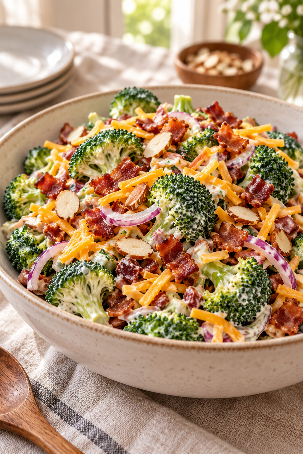 broccoli salad with bacon served in a bowl