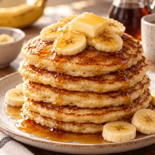 brown sugar banana pancakes stacked and ready to serve