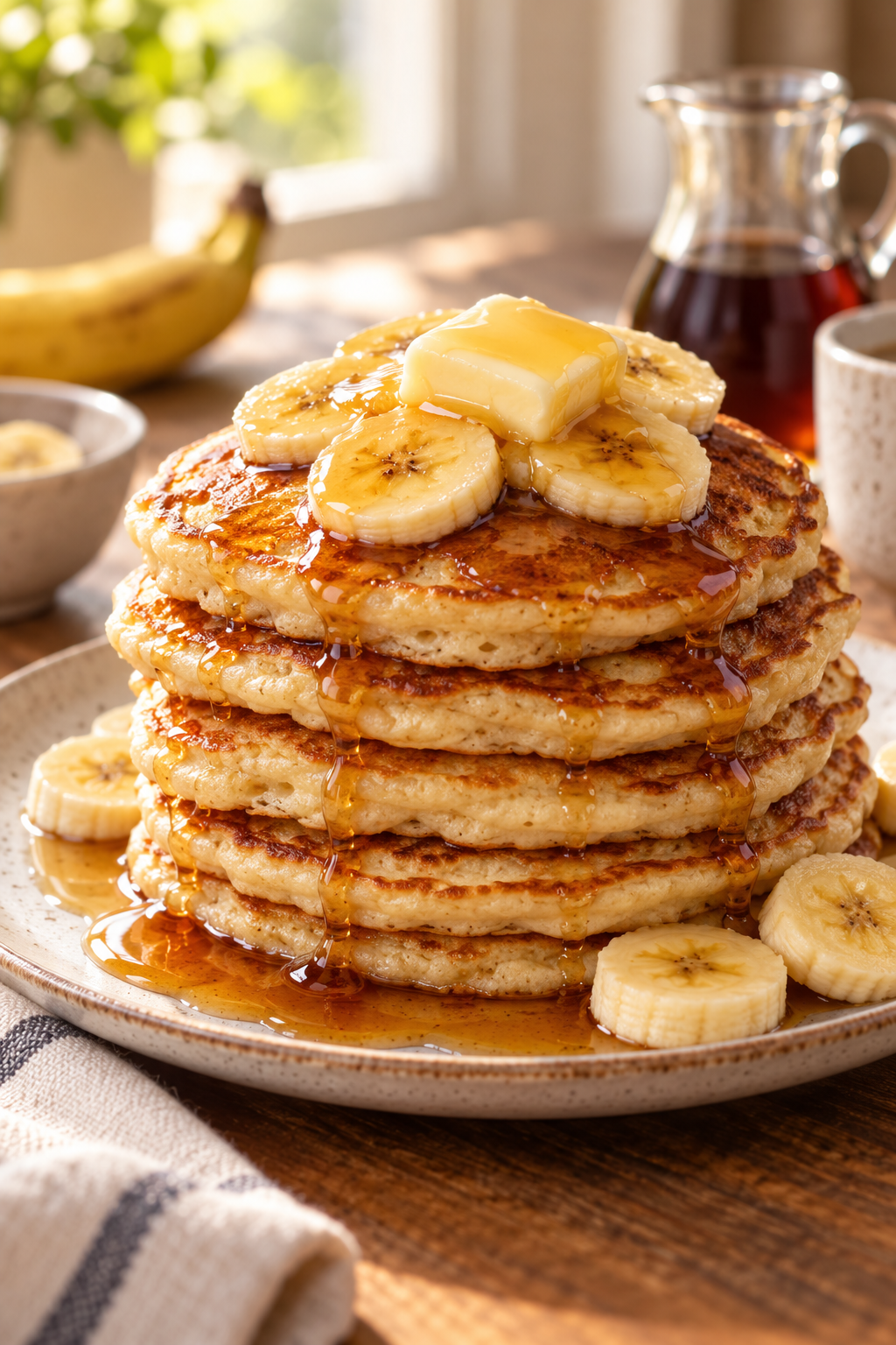 brown sugar banana pancakes stacked and ready to serve