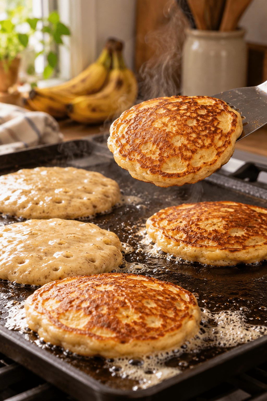 brown sugar banana pancakes cooking on a griddle