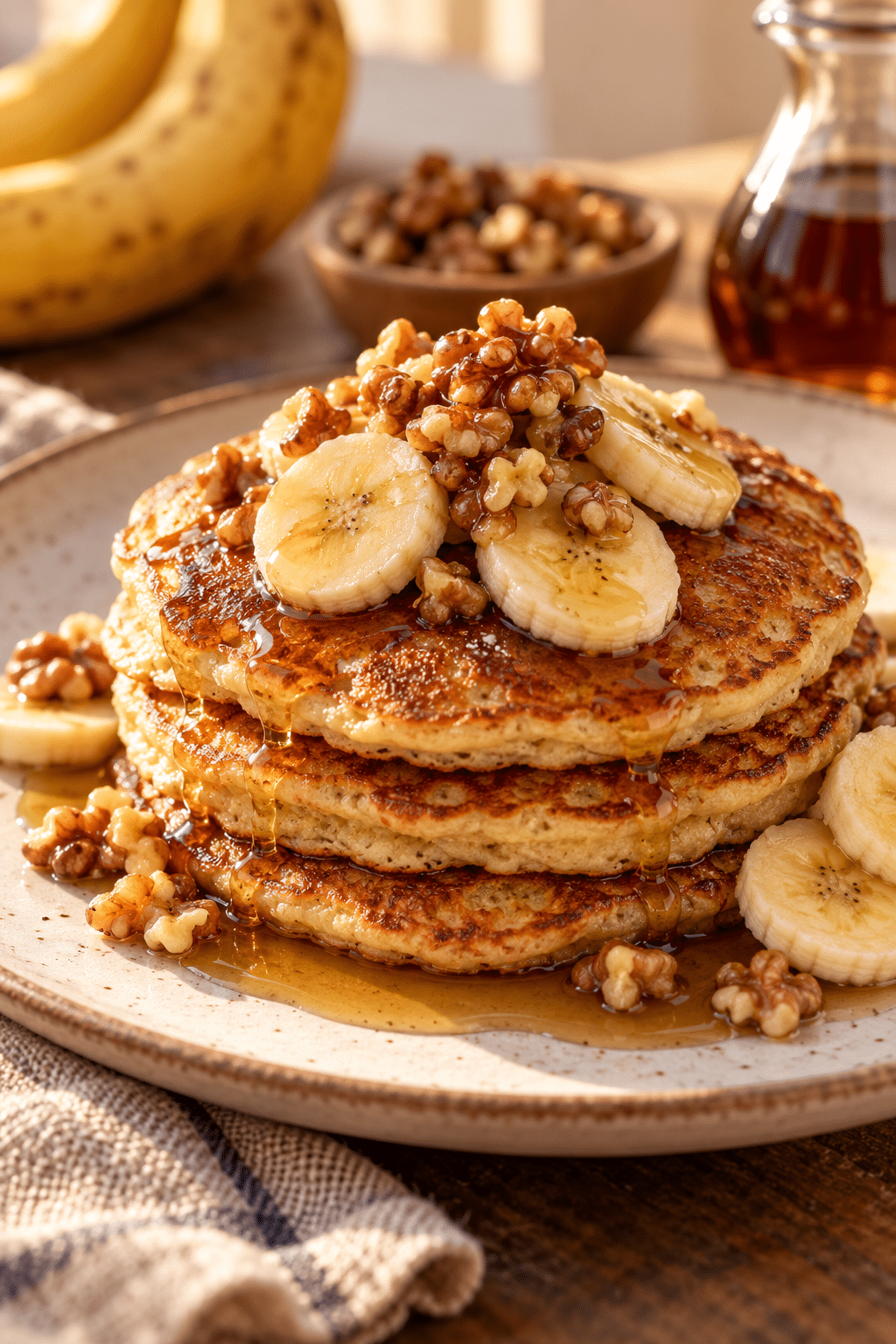 brown sugar banana pancakes served with banana and maple syrup