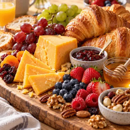 Brunch cheese board with cheddar, pastries, fruit, jam, honey, and nuts