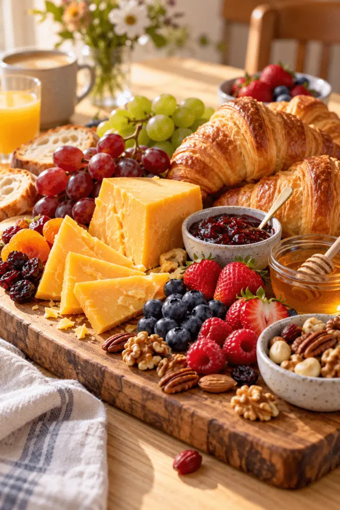 Brunch cheese board with cheddar, pastries, fruit, jam, honey, and nuts