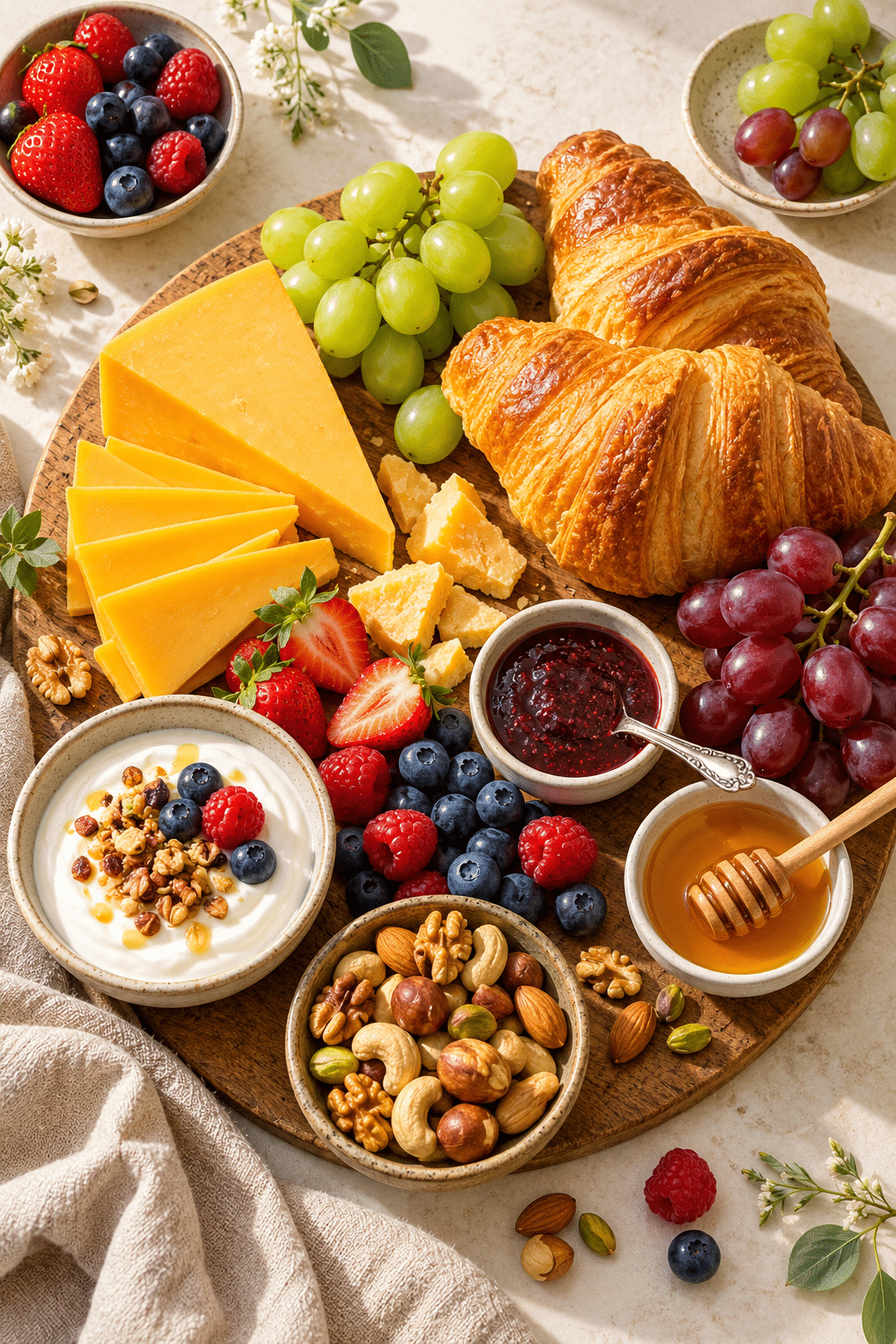 Ingredients for a brunch cheese board with cheddar, pastries, fruit, and spreads