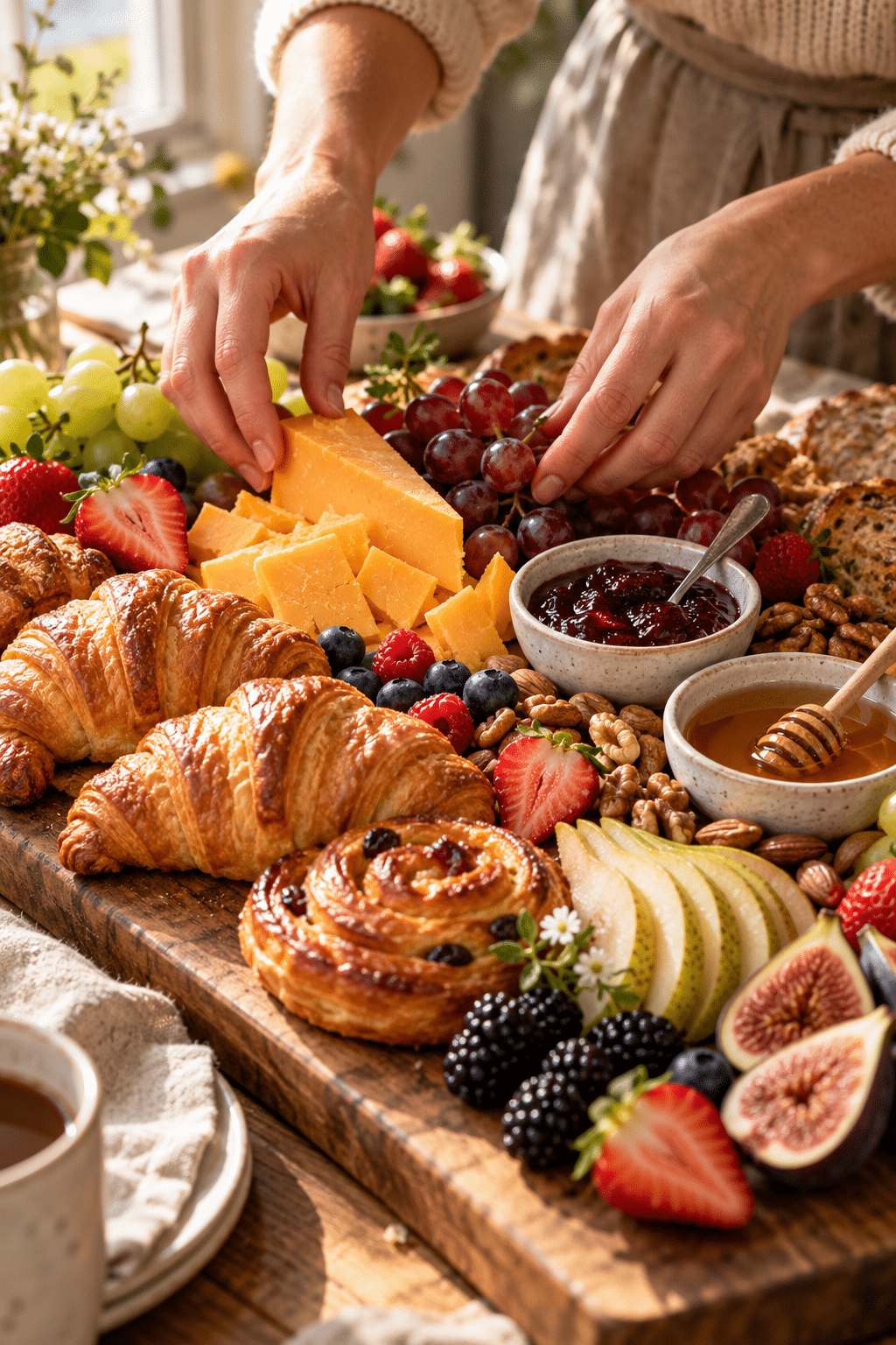 Arranging cheddar, pastries, fruit, and small bowls on a brunch cheese board