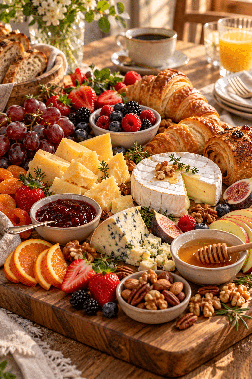 Finished brunch cheese board with cheddar, pastries, fruit, jam, honey, and nuts