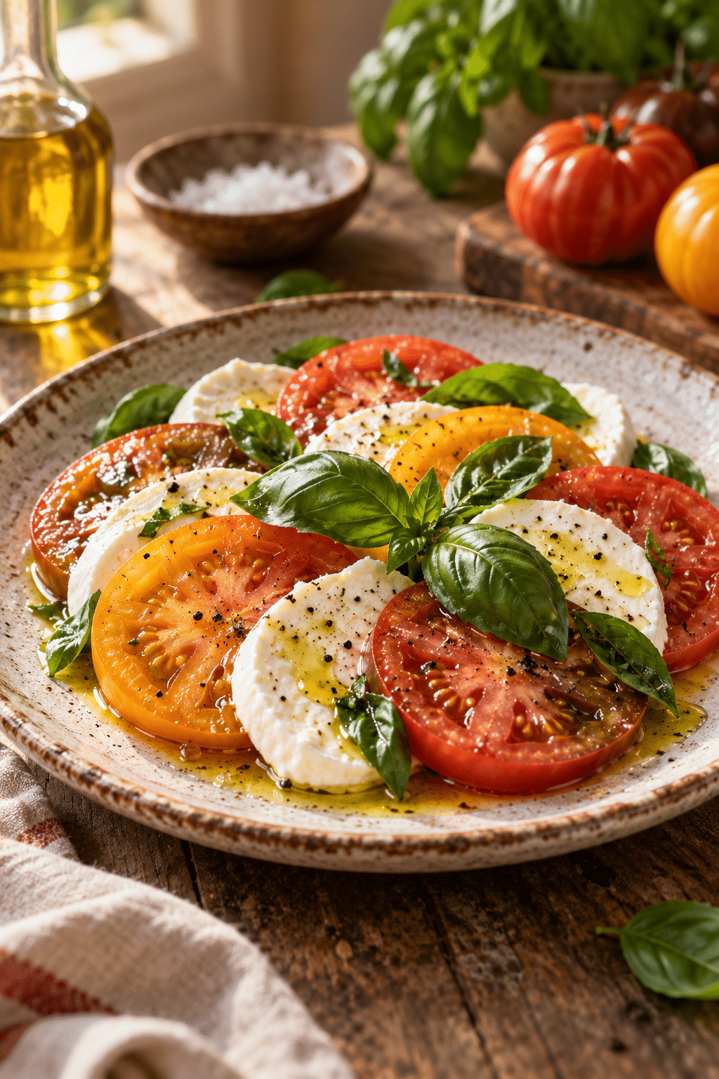 Caprese salad ingredients arranged on a kitchen surface