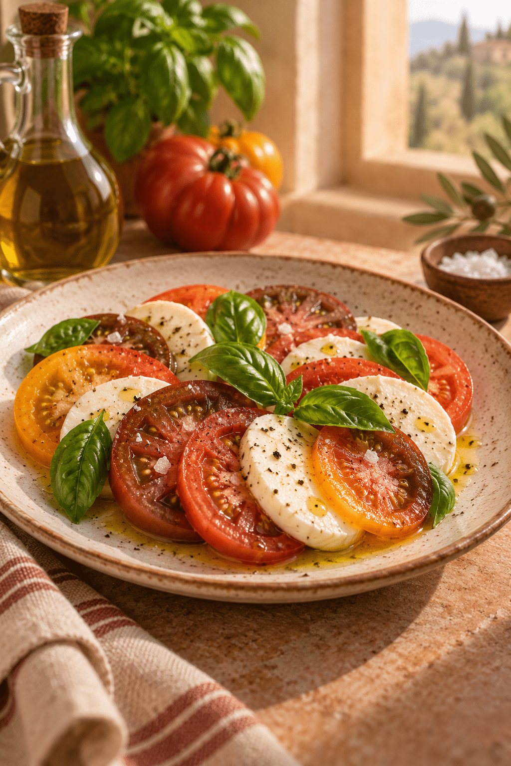 Layering tomatoes mozzarella and basil for Caprese salad