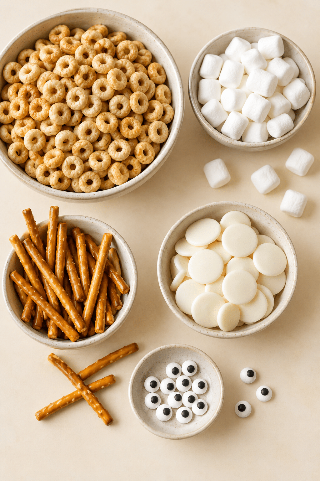 Cheerios sheep snacks ingredients arranged for assembly