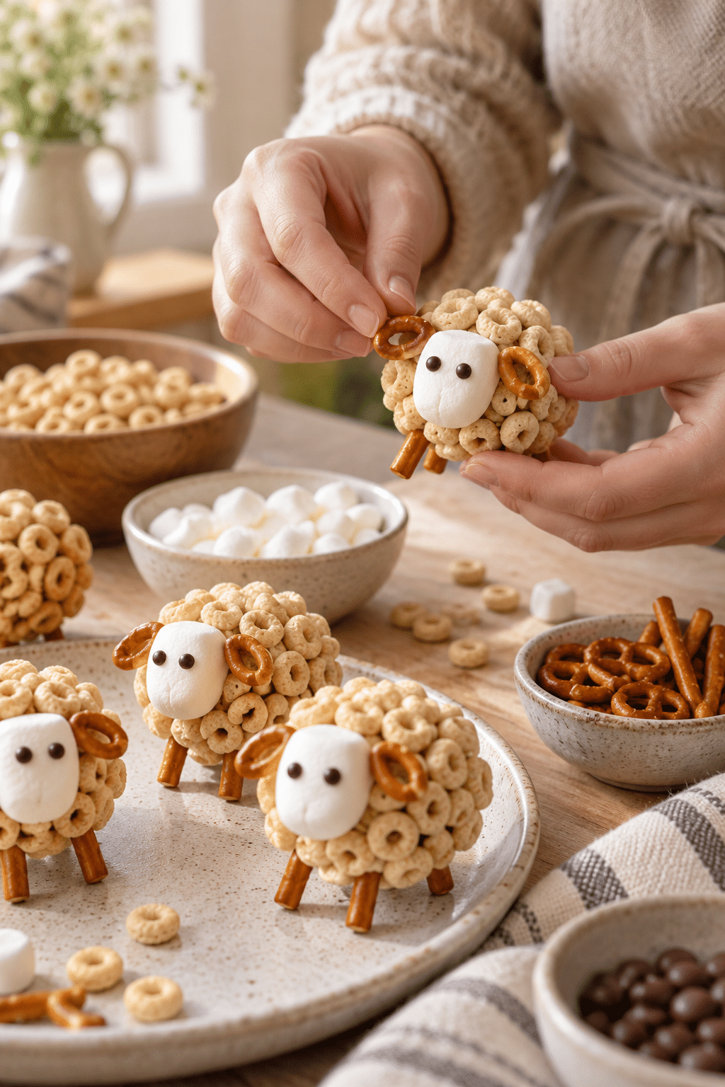 Making Cheerios sheep snacks with cereal and pretzels