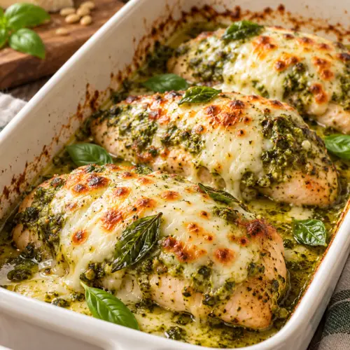cheesy pesto baked chicken with melted mozzarella