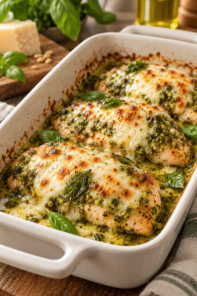 cheesy pesto baked chicken with melted mozzarella