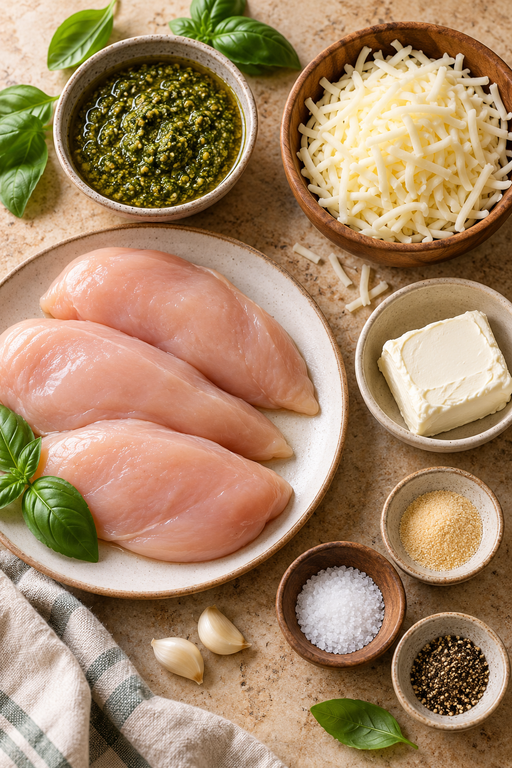 cheesy pesto baked chicken ingredients measured and arranged