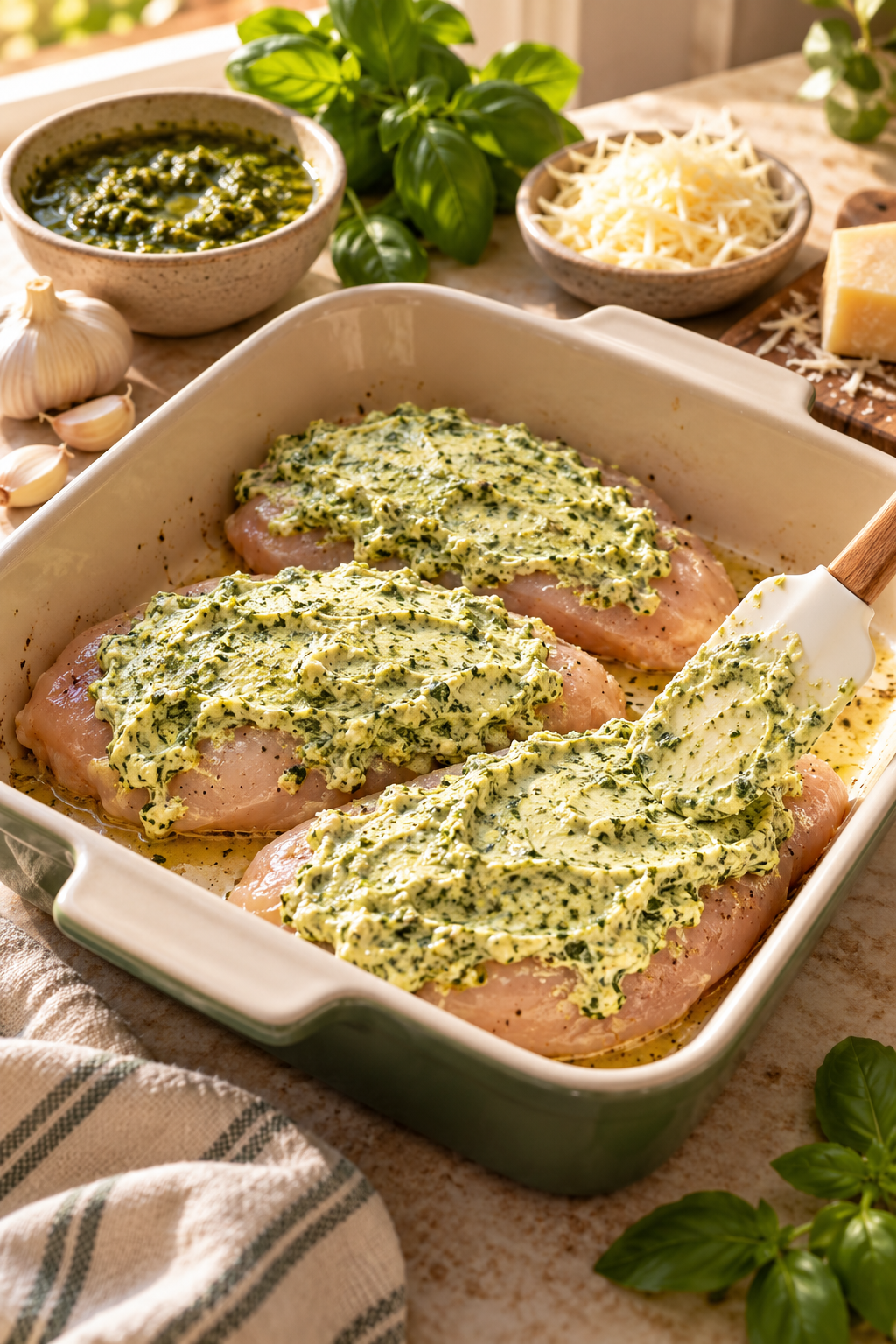 cheesy pesto baked chicken preparation in progress