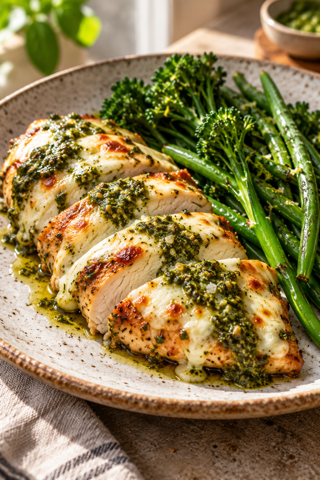 cheesy pesto baked chicken served for dinner