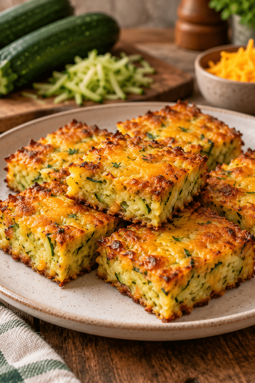 Golden cheesy zucchini squares ready to serve
