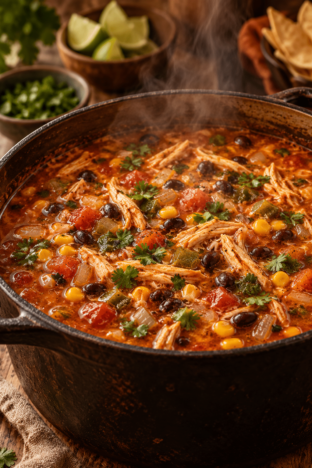 chicken enchilada soup simmering in a pot