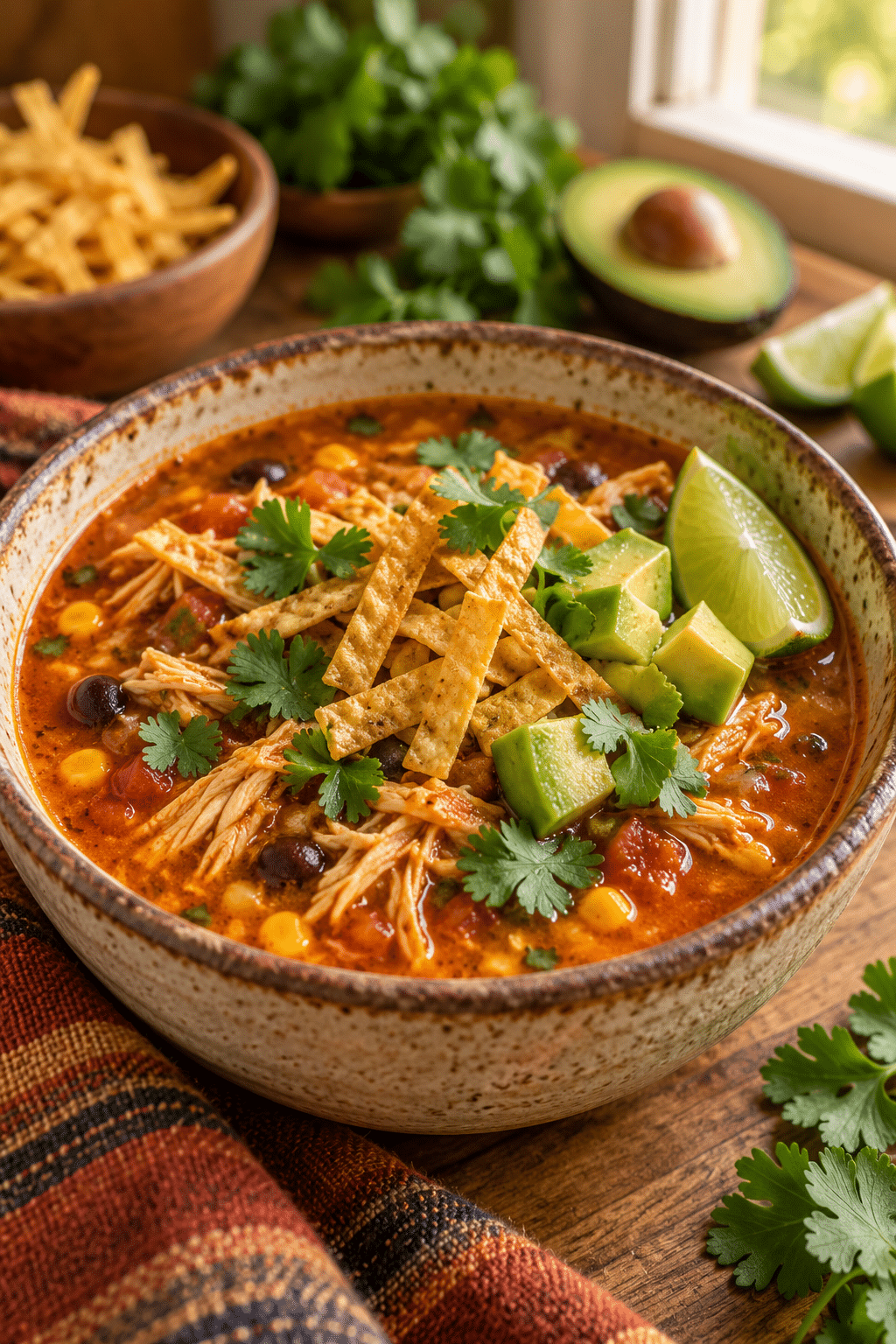 chicken enchilada soup served with toppings