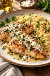 Chicken with goat cheese vinaigrette served with orzo