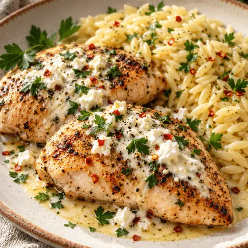 Chicken with goat cheese vinaigrette served with orzo