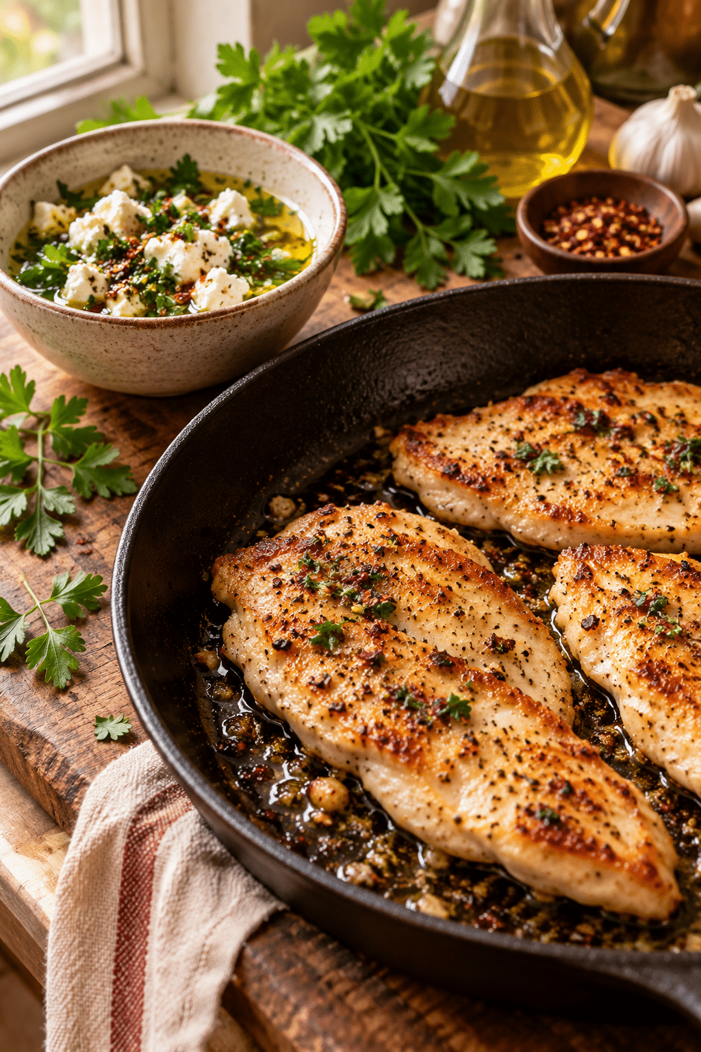 Chicken and goat cheese vinaigrette being prepared in a skillet