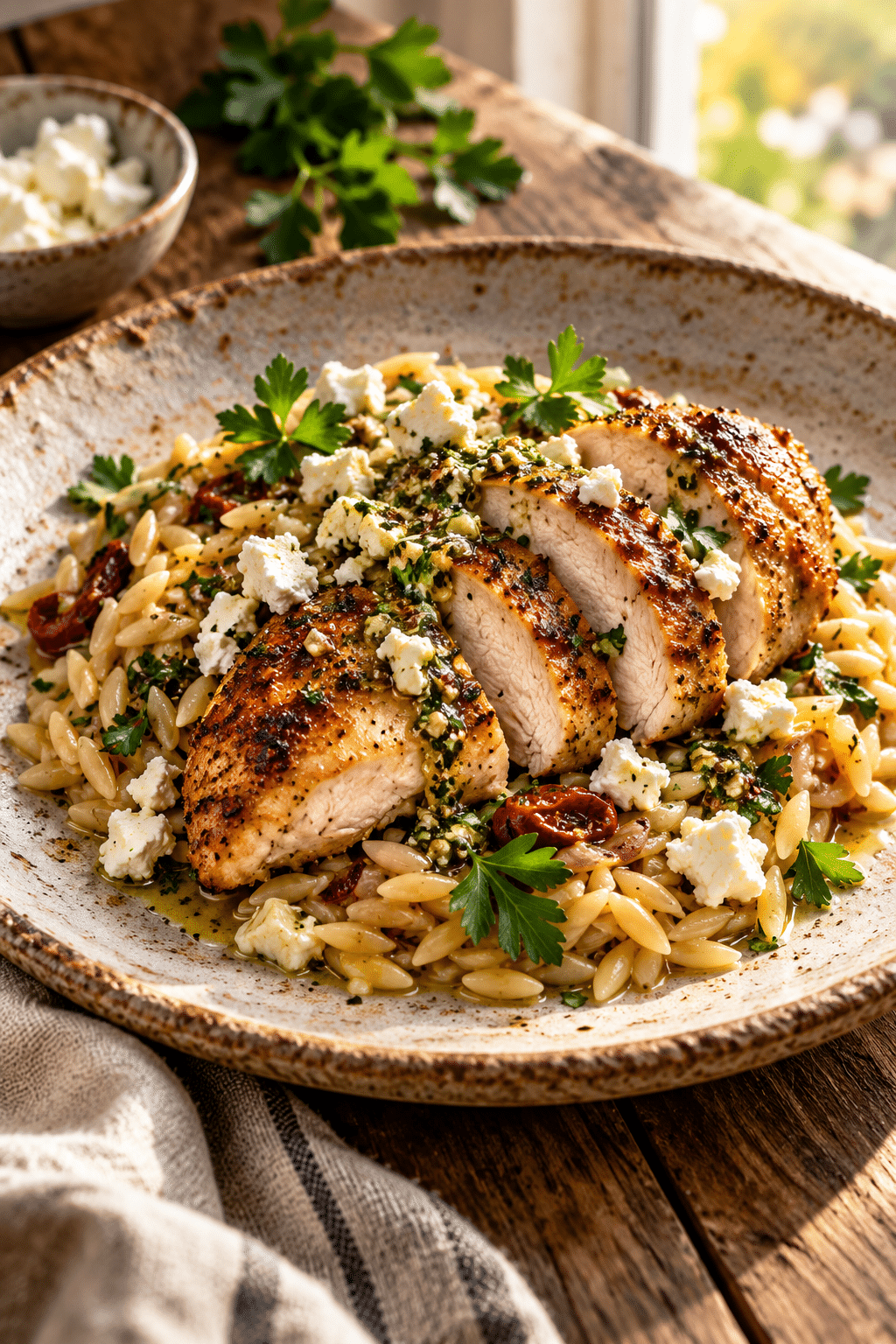 Finished chicken with goat cheese vinaigrette and orzo