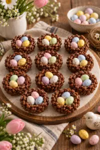 Chocolate bird nests with pastel eggs