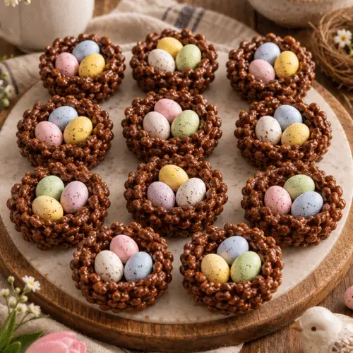 Chocolate bird nests with pastel eggs