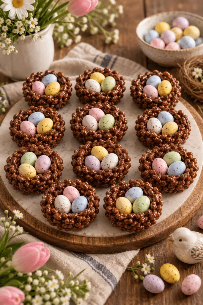 Chocolate bird nests with pastel eggs