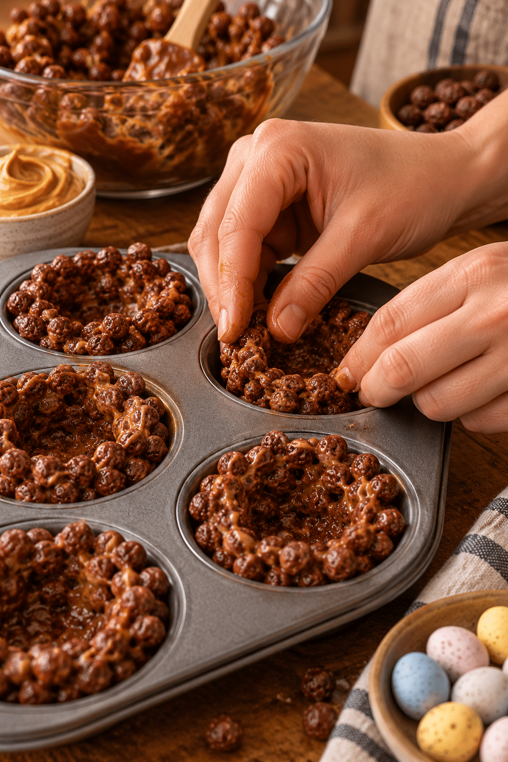 Forming chocolate bird nests in a muffin tin