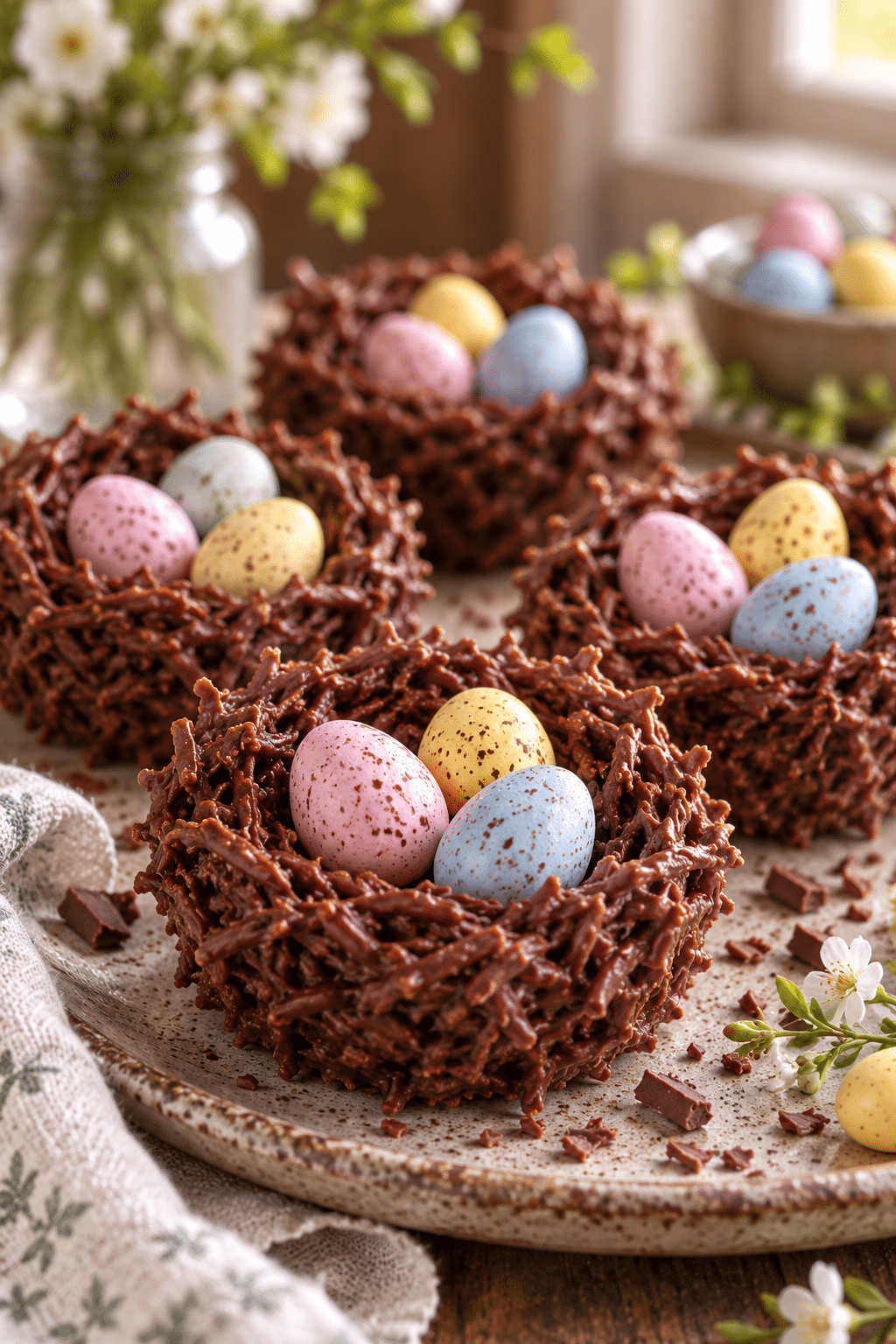 Finished chocolate bird nests with mini eggs