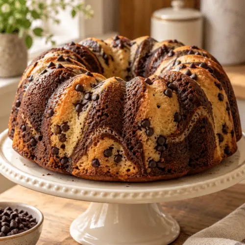Chocolate chip marble Bundt cake with vanilla and chocolate swirls