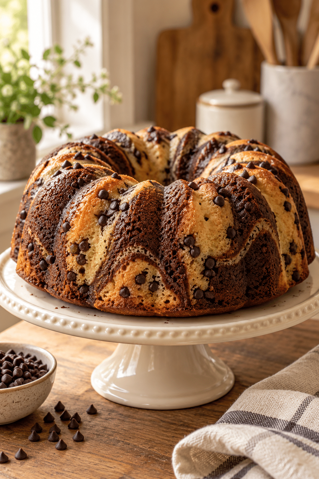 Chocolate chip marble Bundt cake with vanilla and chocolate swirls