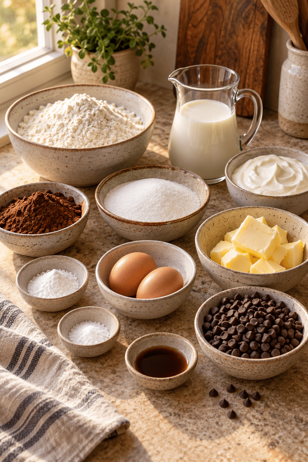 Ingredients measured for chocolate chip marble cake
