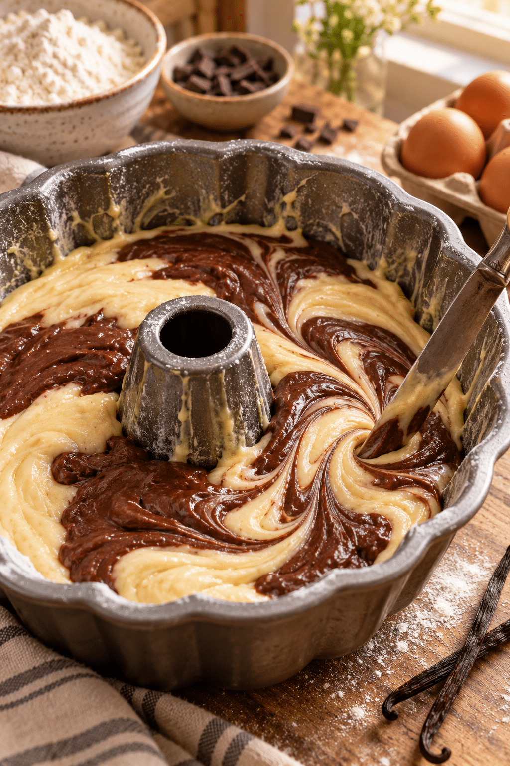 Chocolate chip marble cake batter being layered and swirled