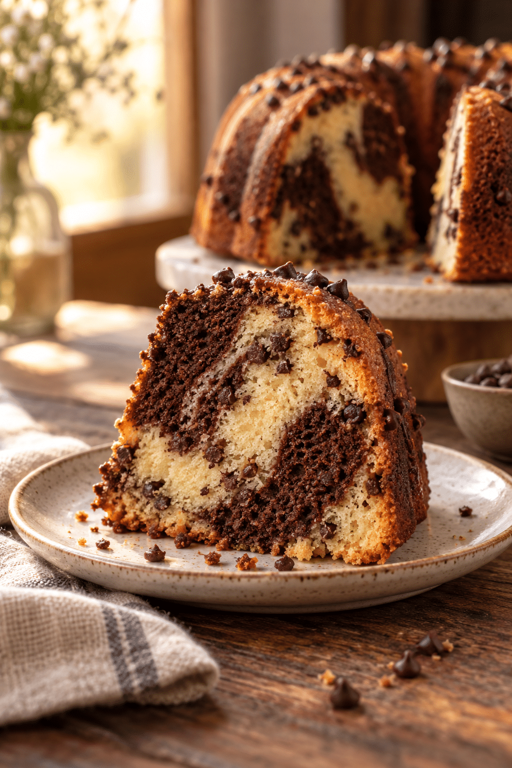 A slice of chocolate chip marble cake showing the marbled crumb