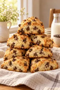 Chocolate chip scones stacked for breakfast