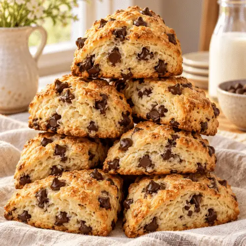 Chocolate chip scones stacked for breakfast