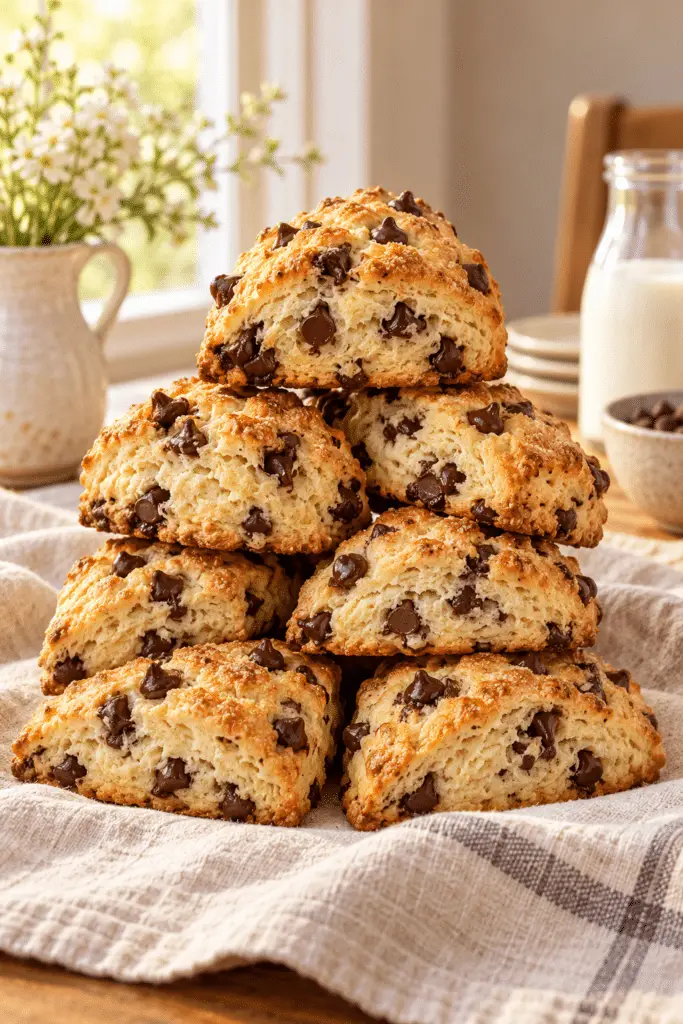 Chocolate chip scones stacked for breakfast