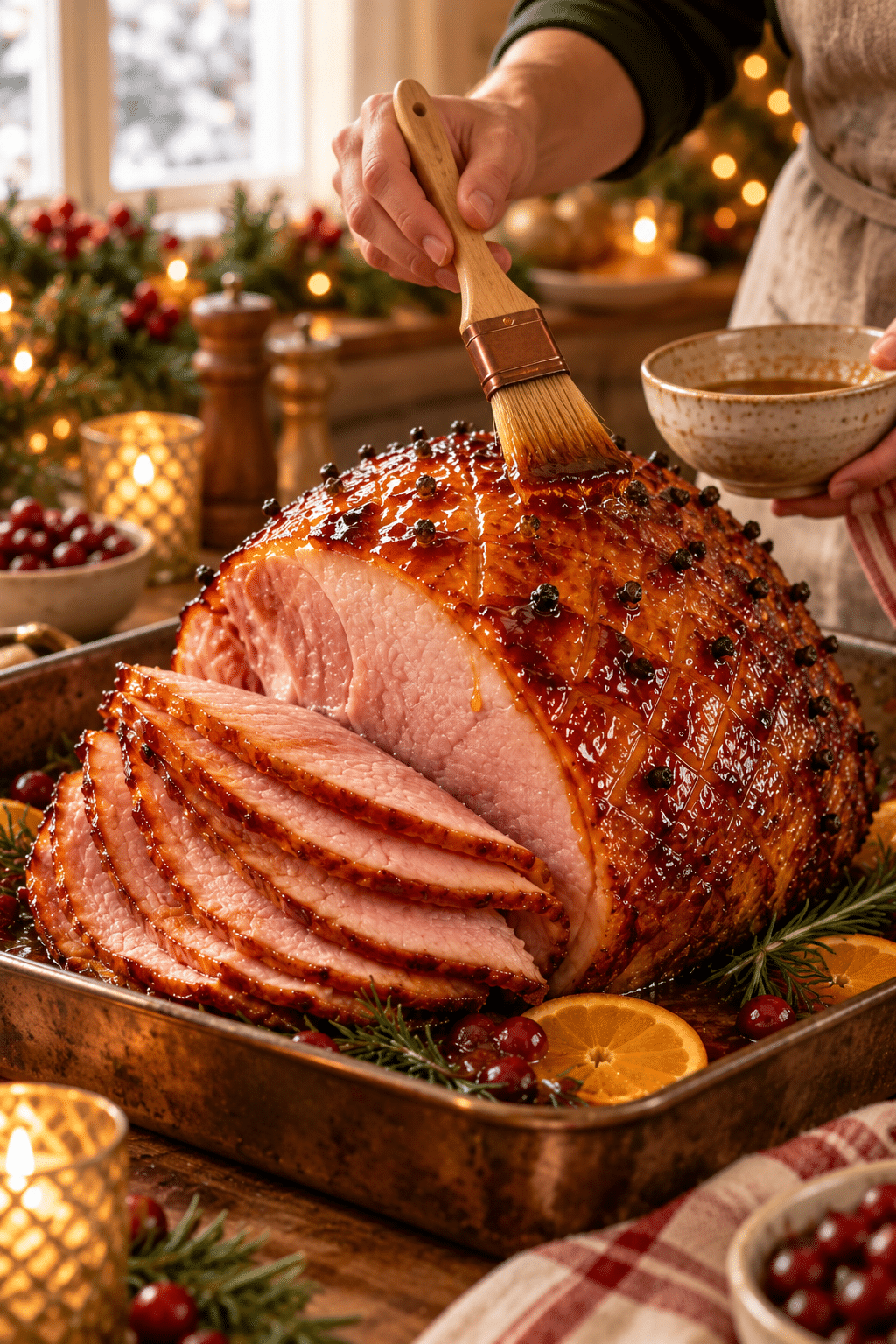 Brushing honey glaze over Christmas Eve dinner ham