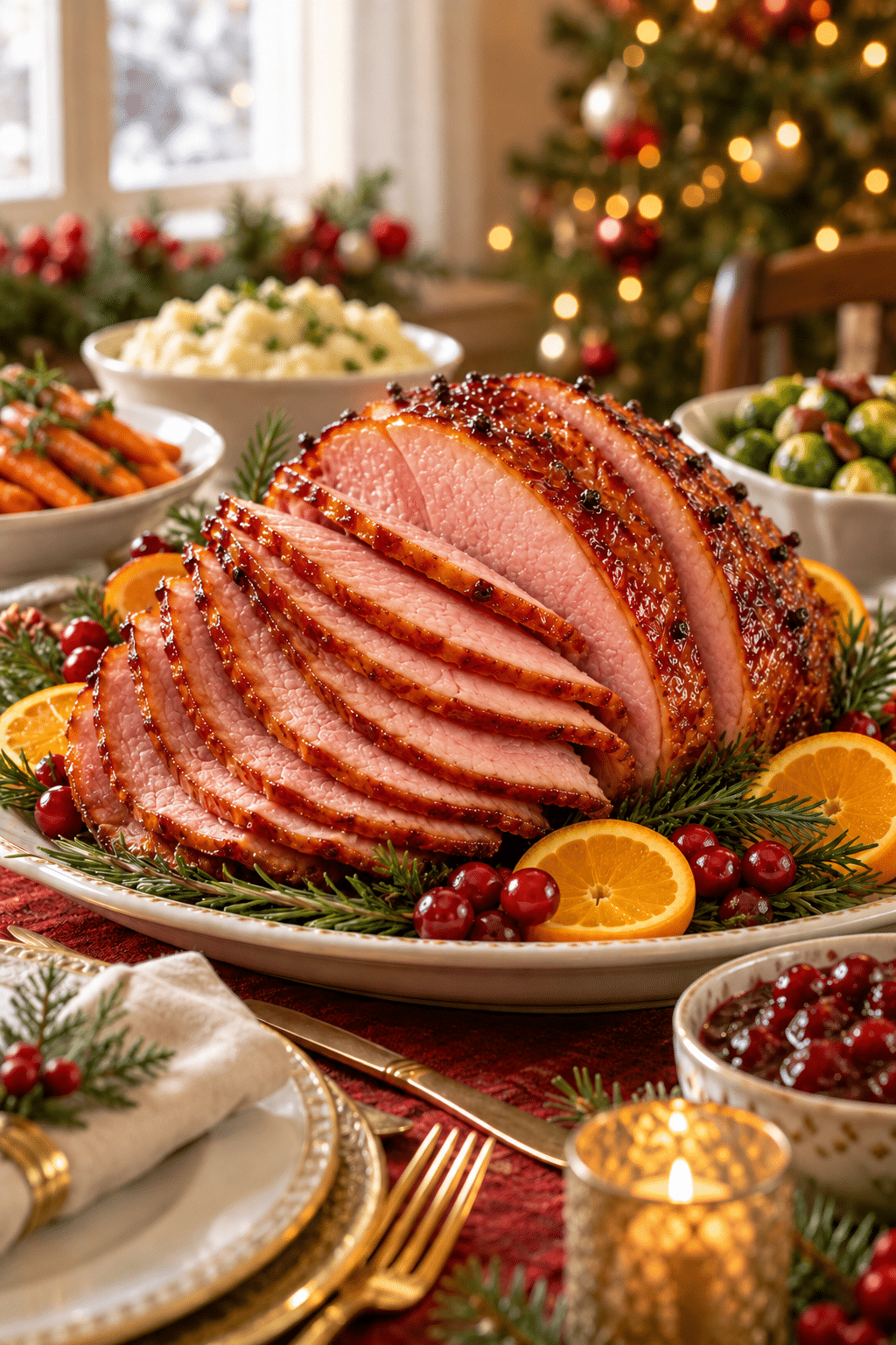 Sliced honey-glazed ham for Christmas Eve dinner