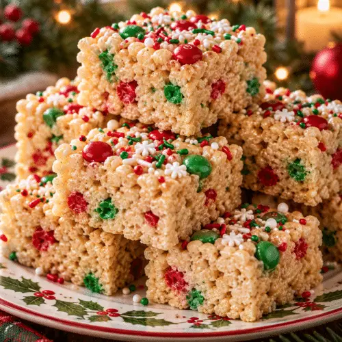 Christmas Rice Krispie treats stacked on a festive plate
