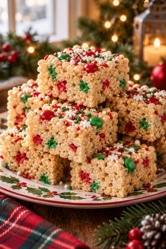 Christmas Rice Krispie treats stacked on a festive plate