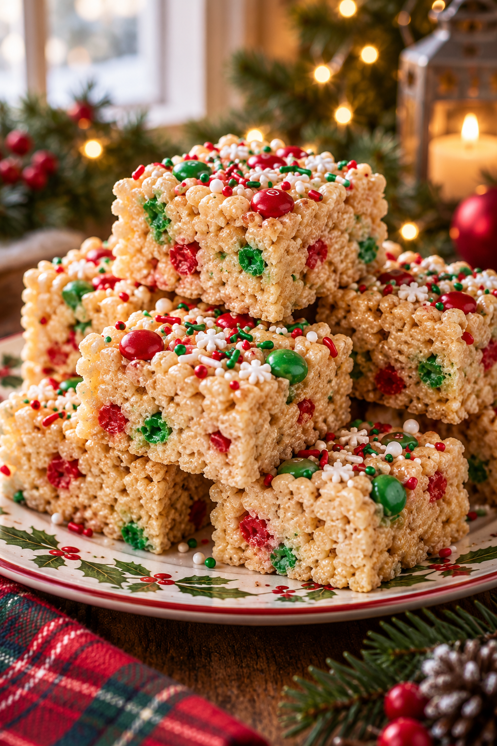 Christmas Rice Krispie treats stacked on a festive plate