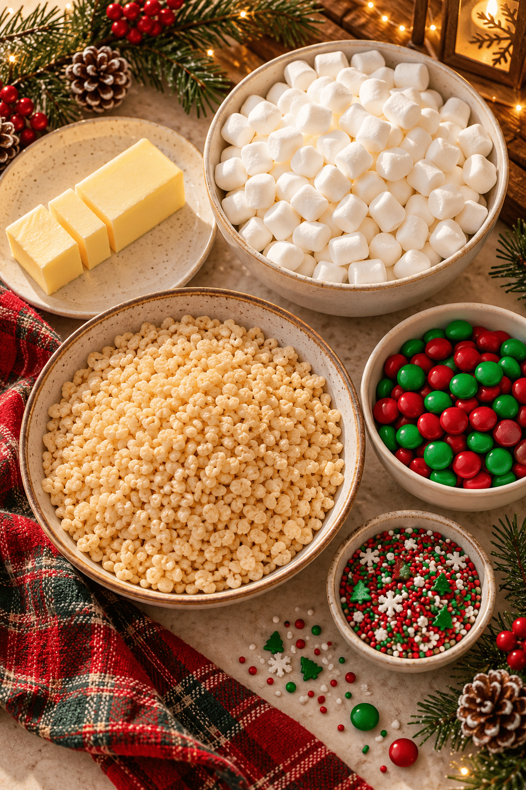 Ingredients for Christmas Rice Krispie treats arranged on a counter