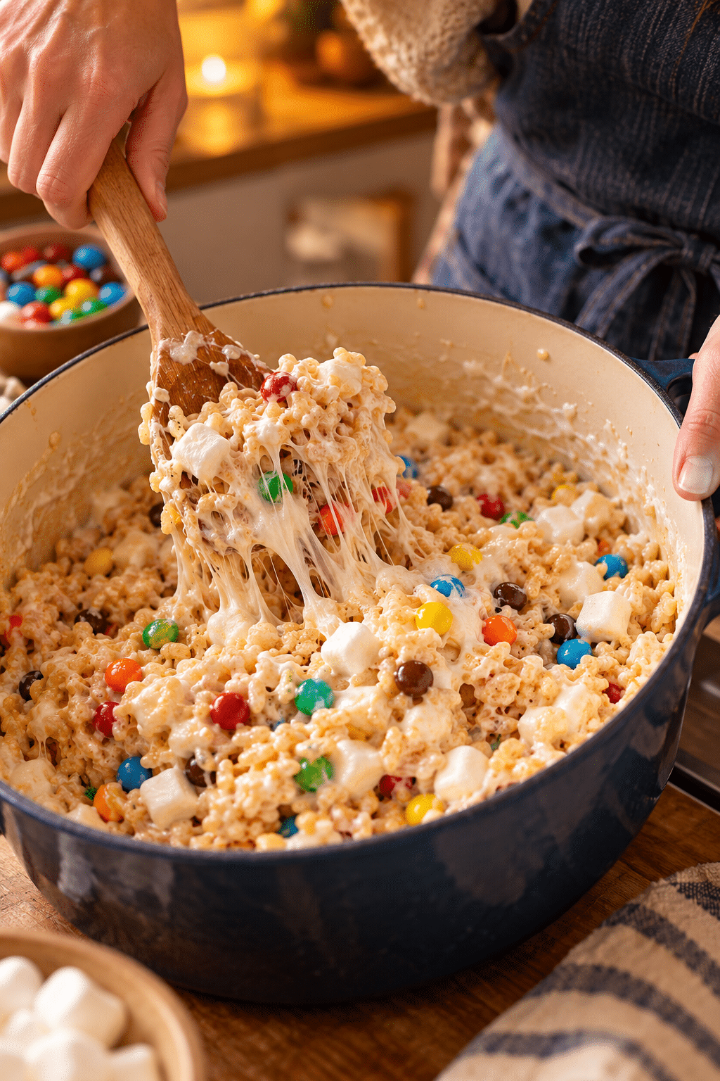 Mixing Christmas Rice Krispie treats with marshmallows and cereal