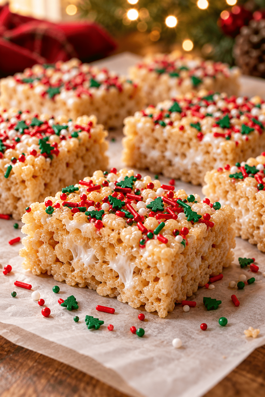 Cut Christmas Rice Krispie treats ready to serve