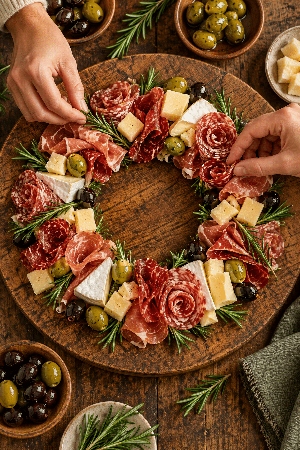 Arranging a Christmas wreath charcuterie board in balanced sections