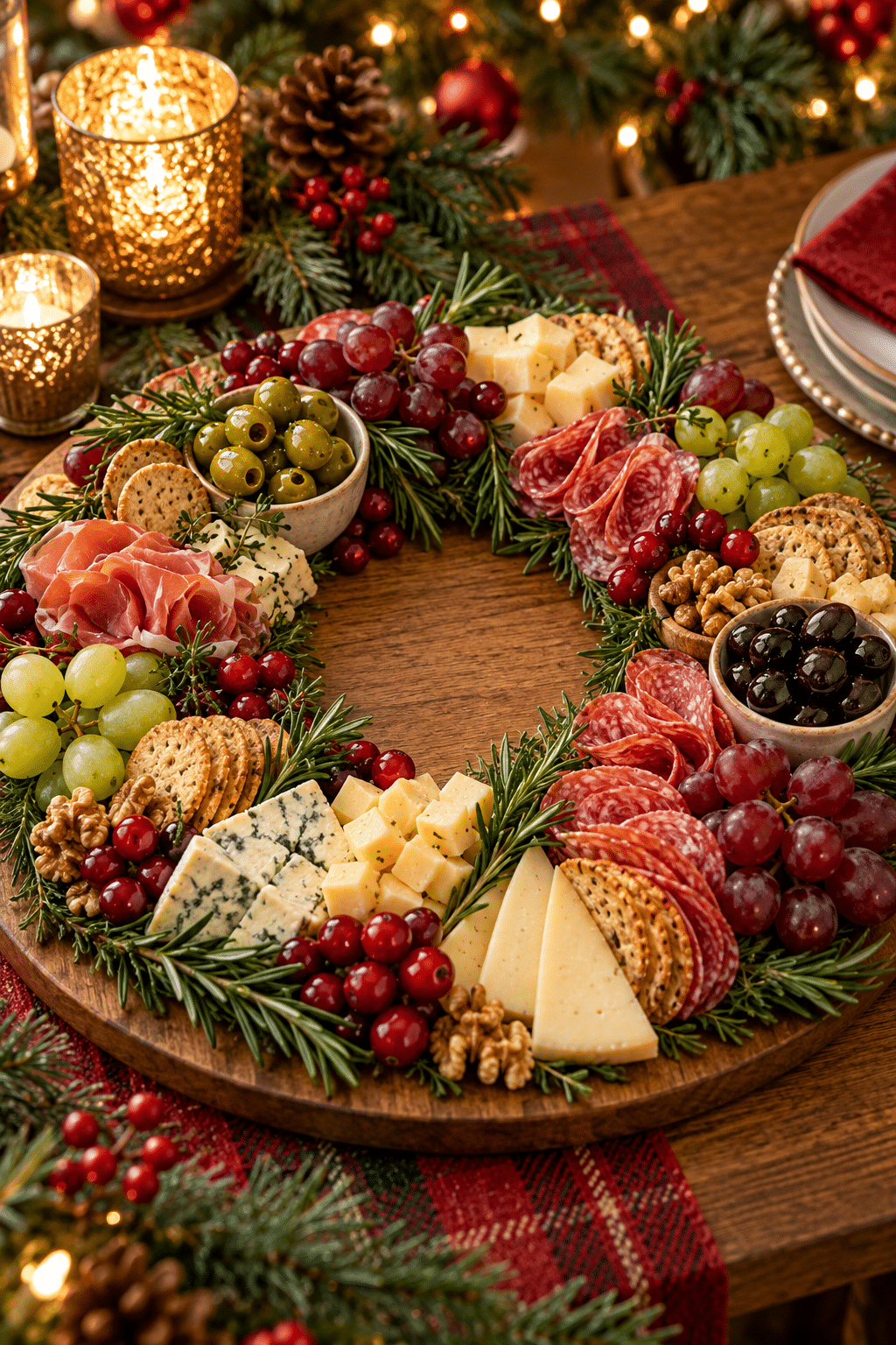 Finished Christmas wreath charcuterie board ready for holiday serving